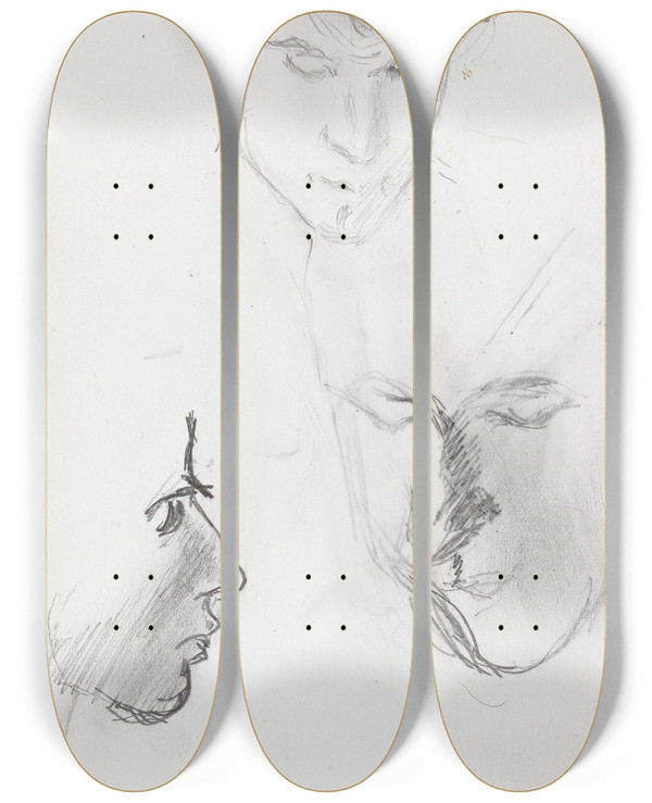 Triptych art skateboard deck of Ludvig Karsten Faces by Ludvig Karsten (1876-1926)