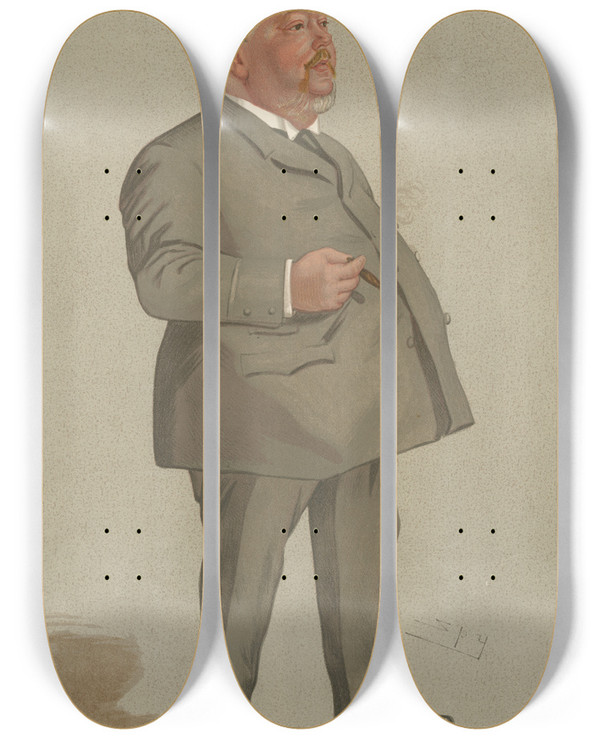 Triptych art skateboard deck of Leslie Matthew Ward Politicians Burnley Mr Jabez Spencer Balfour March 19 1892 by Leslie Matthew Ward (1851-1922)