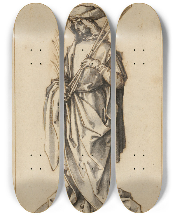 Triptych art skateboard deck of Hans Holbein The Elder St Sebastian by Hans Holbein The Elder (1460-1524)
