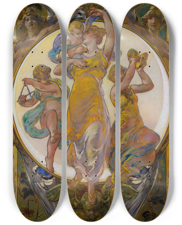 Triptych art skateboard deck of Walter Shirlaw Easter Greetings by Walter Shirlaw (1838-1909)