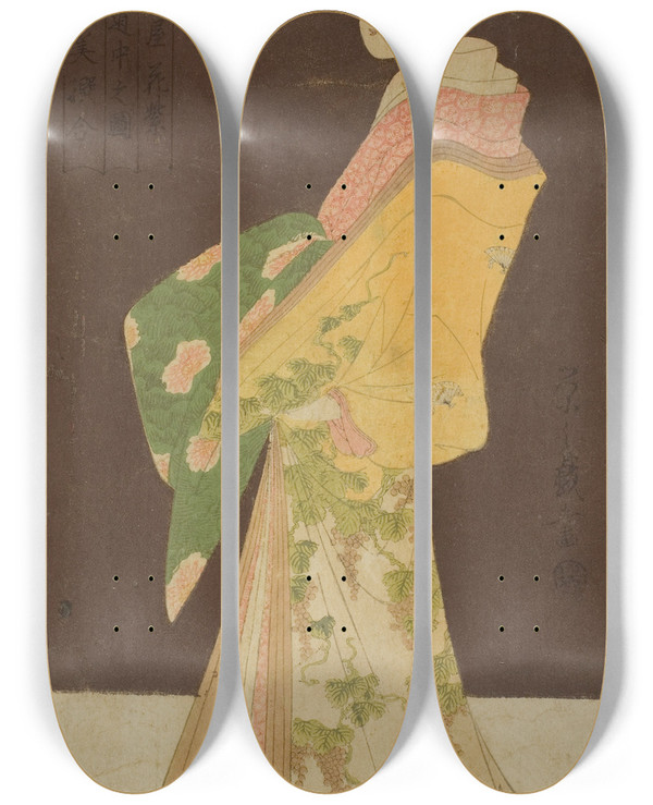 Triptych art skateboard deck of Chbunsai Eishi A Selection Of Beauty From The Pleasure Quarters Seiro Bisen Awase Hanamurasaki Of The Tamaya In Procession Tamaya Hanamurasaki Dochu No Zu by Chobunsai Eishi (1756-1829)