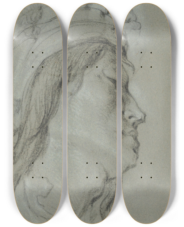 Triptych art skateboard deck of Lucas Franchoys The Younger Head Studies Of A Young Man Wearing A Hat And Of A Black Man by Lucas Franchoys The Younger (1616-1681)
