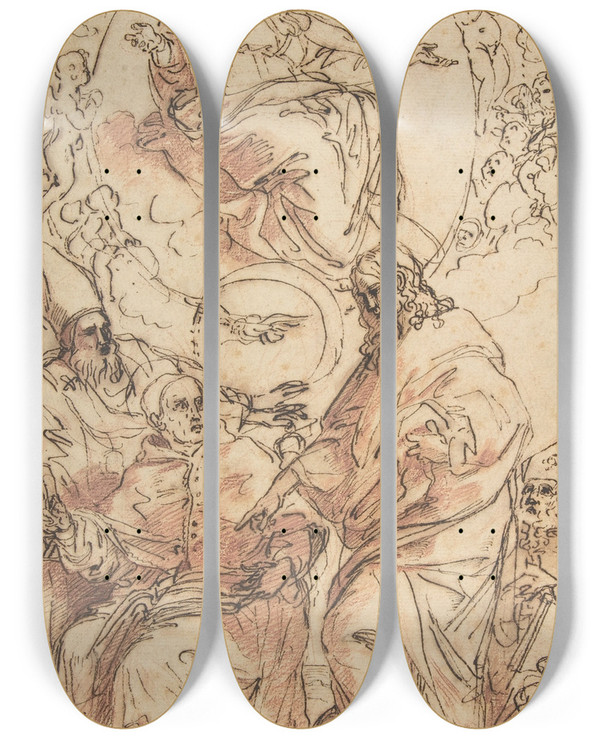 Triptych art skateboard deck of Carlo Maratti The Virgin Immaculate With The Four Doctors Of The Church Study For The Dispute Over The Immaculate Conception by Carlo Maratti (1625-1713)