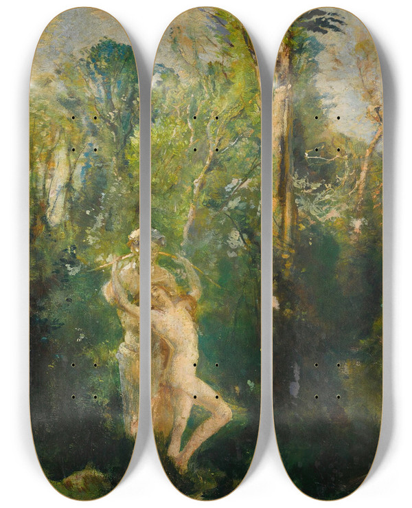 Triptych art skateboard deck of Charles Sims A Wood Nymph With A Statue Of Pan by Charles Sims (1873-1928)