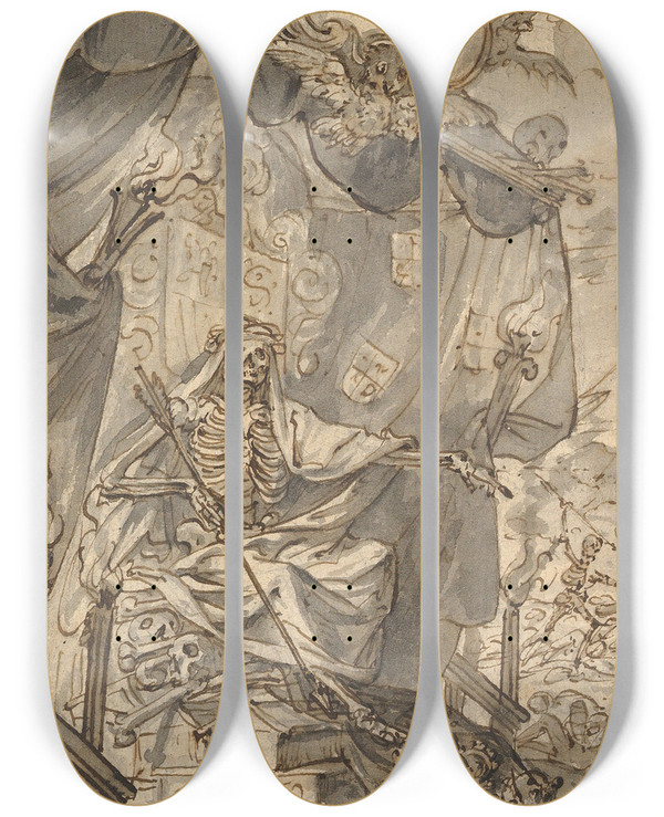 Triptych art skateboard deck of Godfried Maes Death On A Canopied Throne Design For A Title Page by Godfried Maes (1649-1700)