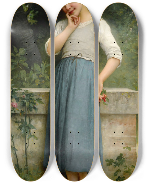 Triptych art skateboard deck of Charles Amable Lenoir Young Girl With Cherries by Charles Amable Lenoir (1860-1926)