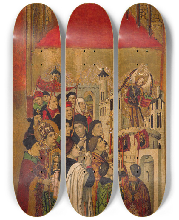 Triptych art skateboard deck of Jaume Huguet  Apparition Of Saint Michael At The Castle Of Santangelo by Jaume Huguet (1412-1492)