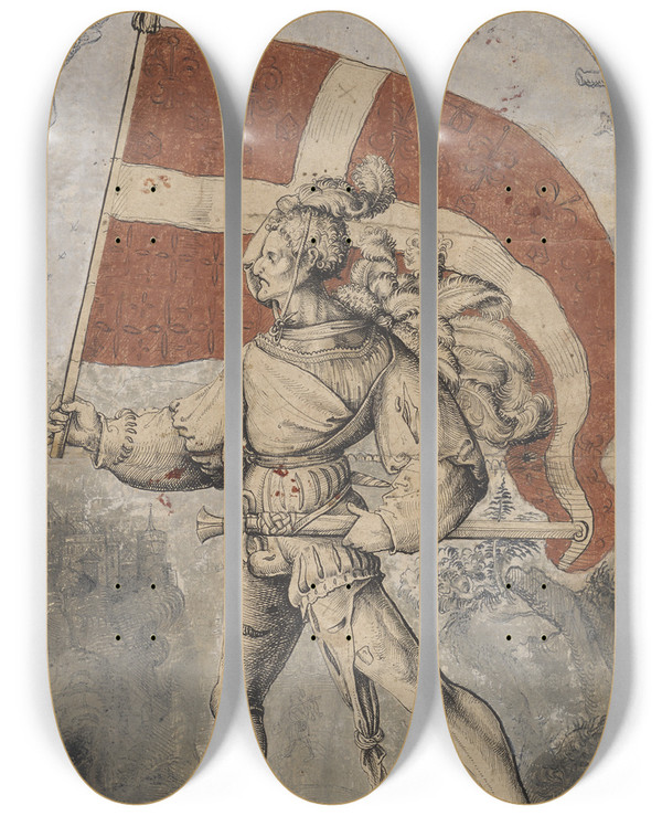 Triptych art skateboard deck of Niklaus Manuel Bannertrger Nach Links Schreitend by Niklaus Manuel (1484-1530)