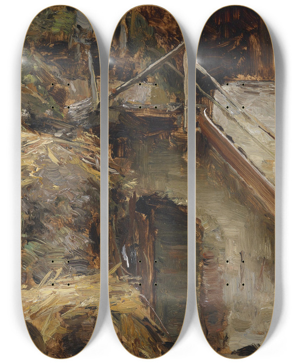 Triptych art skateboard deck of Olga Wisingerflorian Studie Zu Einem Stallinterieur by Olga Wisinger-Florian (1844-1926)