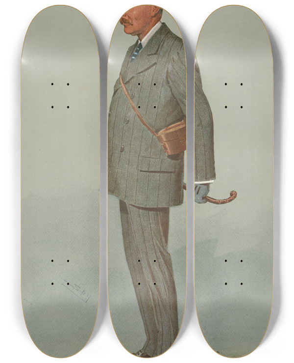 Triptych art skateboard deck of Leslie Matthew Ward Turf Devotees Jos Sir John Omerod Scarlett Thursby August 28 1907 by Leslie Matthew Ward (1851-1922)