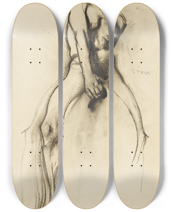 Triptych art skateboard deck of Franz Von Stuck Reiterskizze Fr Wilde Jagd by Franz Von Stuck (1863-1928)