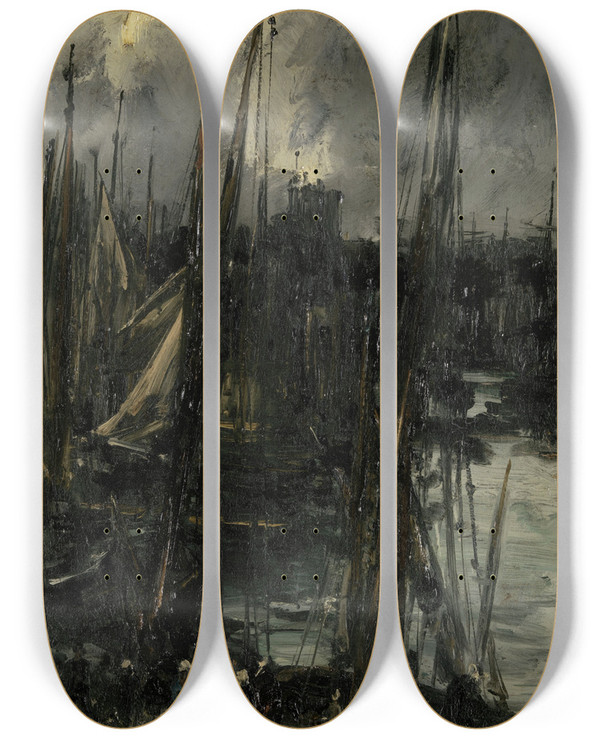 Triptych art skateboard deck of Antoine Vollon Harbour View In Dunkerque by Antoine Vollon (1833-1900)