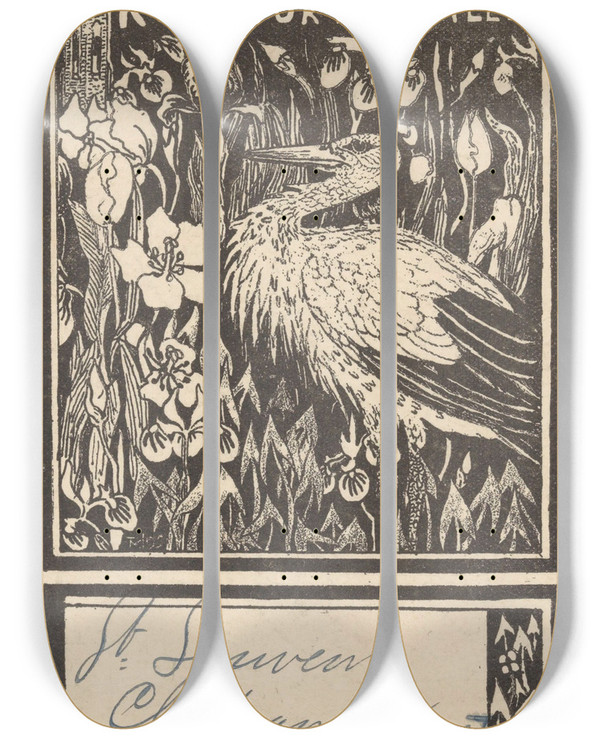 Triptych art skateboard deck of Theo Van Hoytema Etiket Met Ooievaar by Theo Van Hoytema (1863-1917)