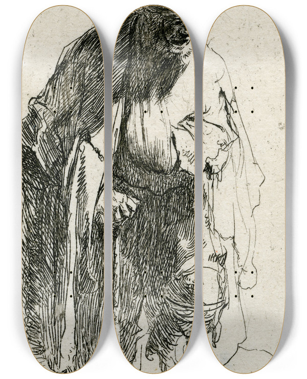 Triptych art skateboard deck of Rembrandt Van Rijn Beggar With A Wooden Leg_1 by Rembrandt Van Rijn (1606-1669)