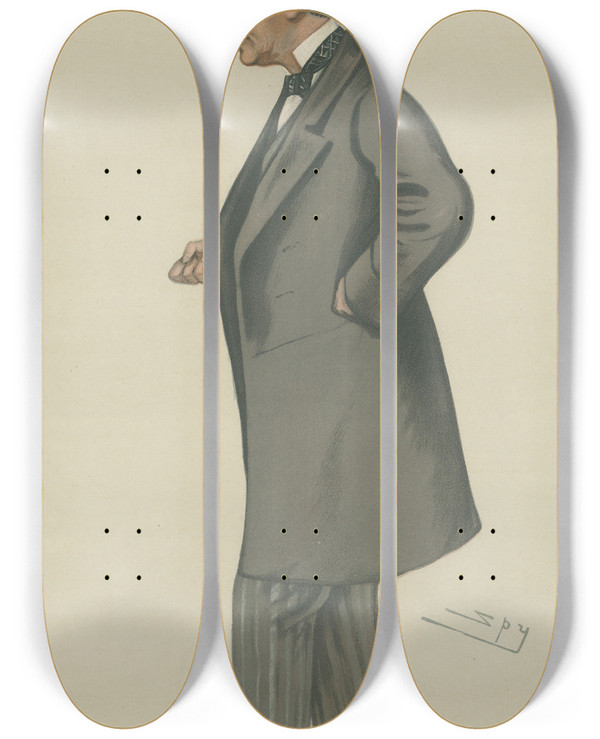 Triptych art skateboard deck of Leslie Matthew Ward Politicians Military Changes Mr John Holms 18 February 1882 by Leslie Matthew Ward (1851-1922)