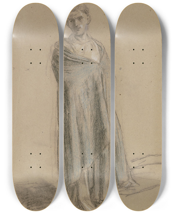 Triptych art skateboard deck of Wilhelm Steinhausen Stehender Junger Mann In Einem Langen Weien Gewand Und Einem Blauen Umhang by Wilhelm Steinhausen (1846-1924)