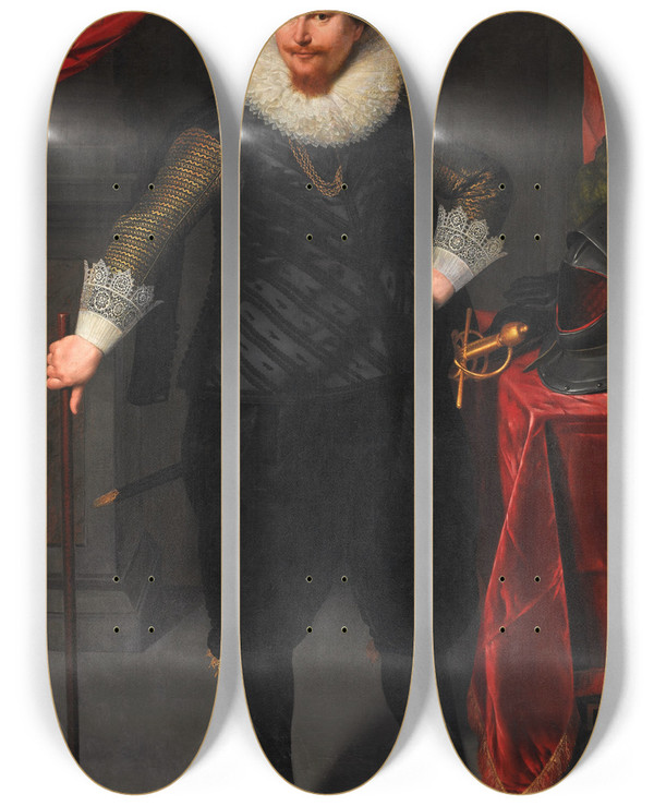 Triptych art skateboard deck of Cornelis Van Der Voort Portrait Of Laurens Reael by Cornelis van der Voort (1575-1624)