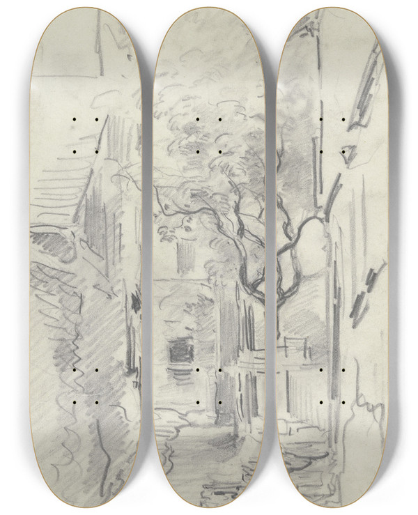 Triptych art skateboard deck of Anton Burger Dorfstrae Mit Zaun Und Baum by Anton Burger (1824-1905)