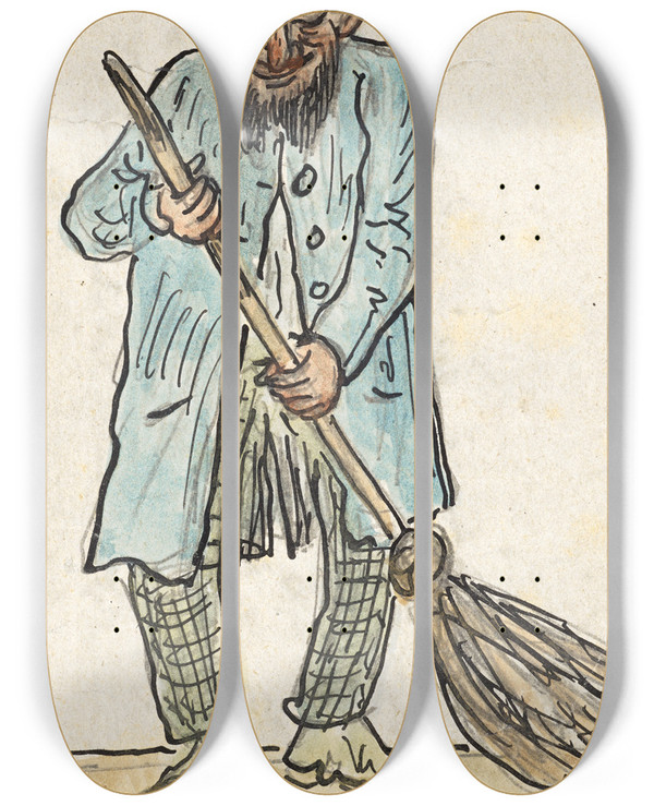 Triptych art skateboard deck of Paul Franz Otto Mann Mit Besen by Paul Franz Otto (1839-1927)