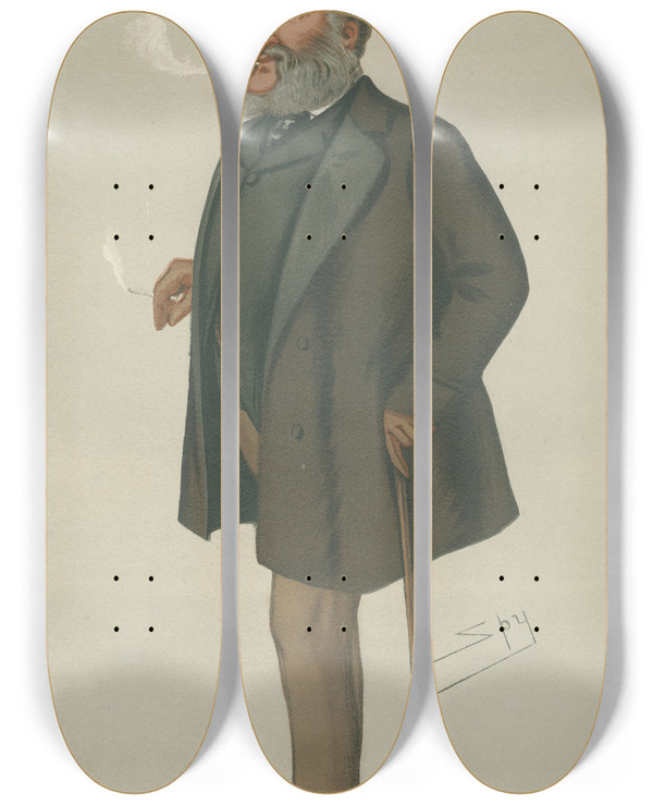 Triptych art skateboard deck of Leslie Matthew Ward Turf Devotees The Turf Lord Dorchester March 24 1877 by Leslie Matthew Ward (1851-1922)