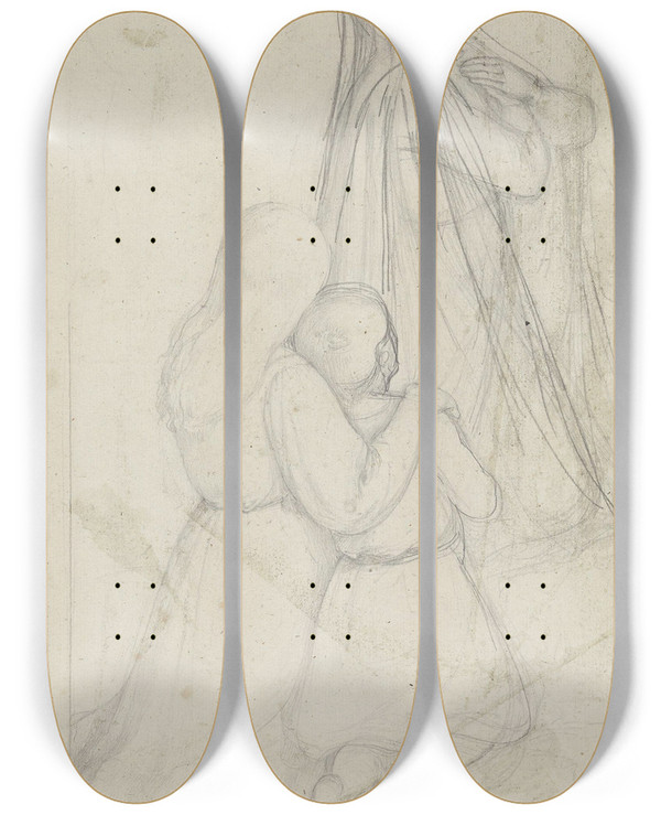 Triptych art skateboard deck of Adolph Tidemand Knelende Kvinne Og Barn by Adolph Tidemand (1814-1876)