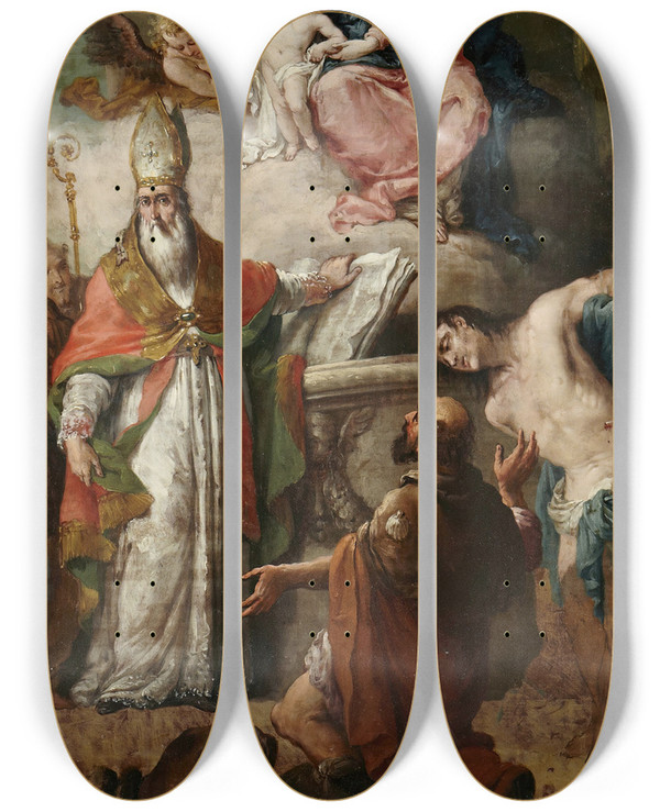 Triptych art skateboard deck of Agostino Ugolini Virgin And Child With Saints by Agostino Ugolini (1758-1824)