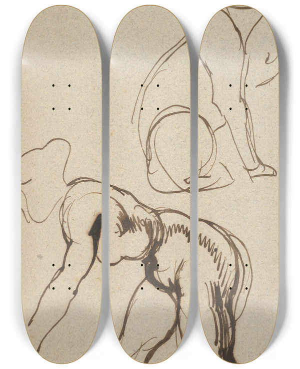 Triptych art skateboard deck of Eugne Delacroix Studies Of A Lion And A Female Nude by Eugene Delacroix (1798-1863)
