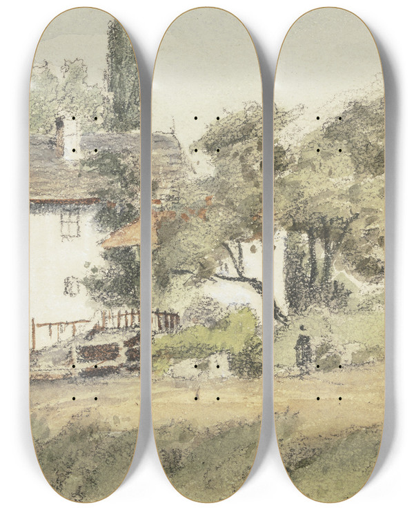 Triptych art skateboard deck of Friedrich Eugen Peipers Section From Schandau by Friedrich Eugen Peipers (1805-1885)