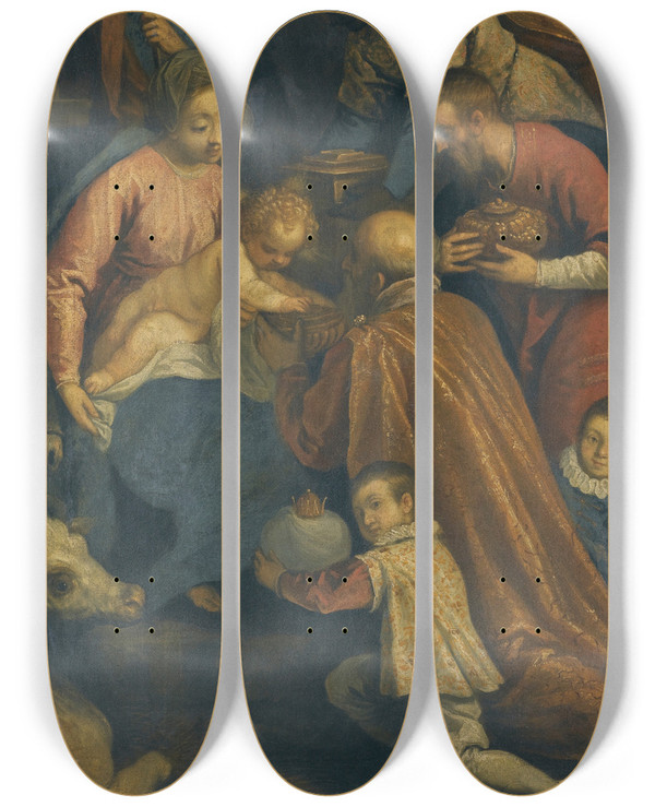 Triptych art skateboard deck of Jacopo Palma Il Giovane Adoration Of The Magi by Jacopo Palma Il Giovane (1548-1628)
