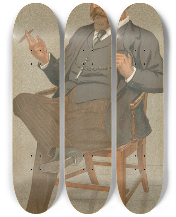 Triptych art skateboard deck of Leslie Matthew Ward Newpapermen An Art Critic Mr Joseph William Comyns Carr February 11 1893 by Leslie Matthew Ward (1851-1922)