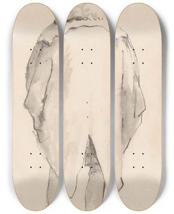 Triptych art skateboard deck of Giovanni Battista Tiepolo Caricature Of A Man Wearing A Wig And A Tricorne Seen From Behind_1 by Giovanni Battista Tiepolo (1696-1770)