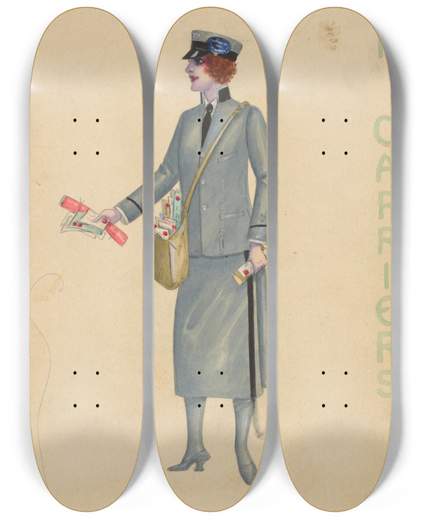 Triptych art skateboard deck of Will R Barnes Letter Carriers 1 by Will R Barnes (1939)