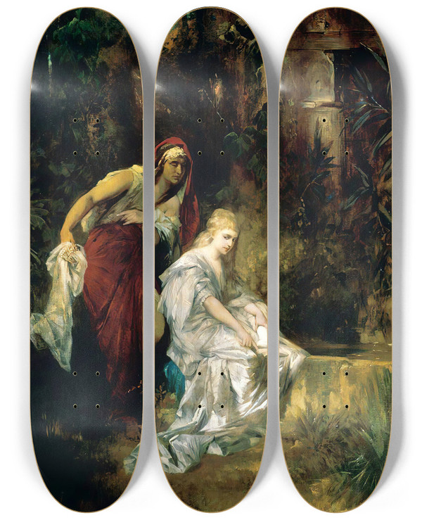 Triptych art skateboard deck of Hans Makart Snow White Receives The Poisoned Comb by Hans Makart (1840-1884)