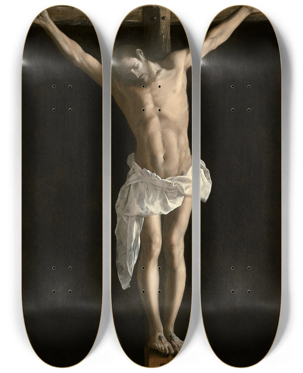 Triptych art skateboard deck of Francisco De Zurbarn The Crucifixion by Francisco de Zurbarn (1598-1664)