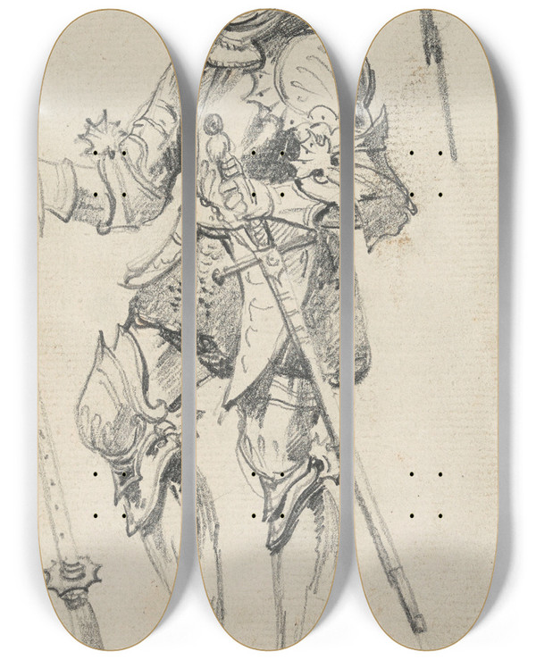 Triptych art skateboard deck of Nicaise De Keyser Man In Armour by Nicaise De Keyser (1813-1887)