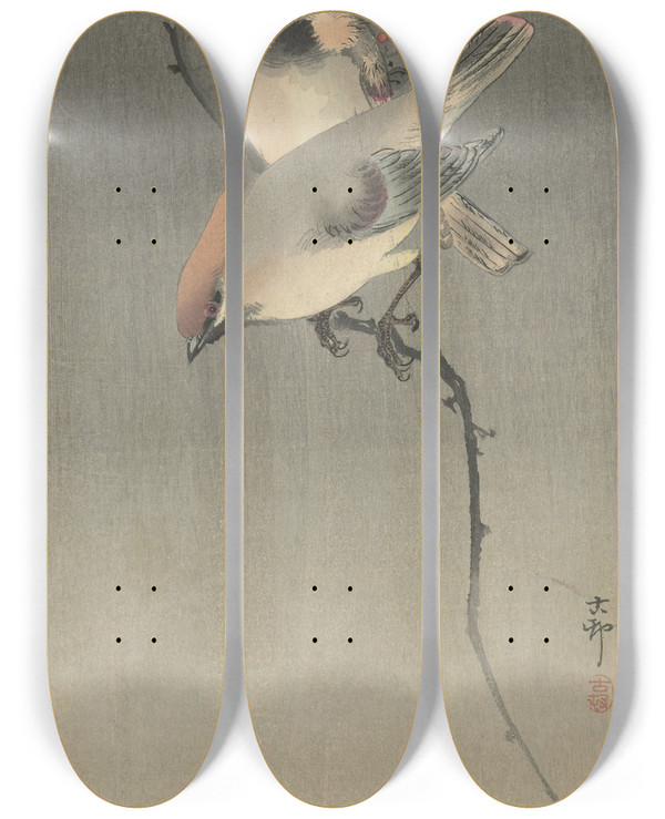 Triptych art skateboard deck of Ohara Koson Waxwing Birds by Ohara Koson (1877-1945)