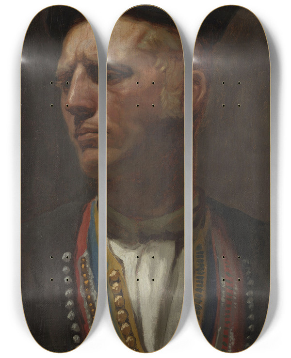Triptych art skateboard deck of Olaf Isaachsen Portrait Of A Farmer From Setesdal Study For Fight In An Old Farm House by Olaf Isaachsen (1835-1893)