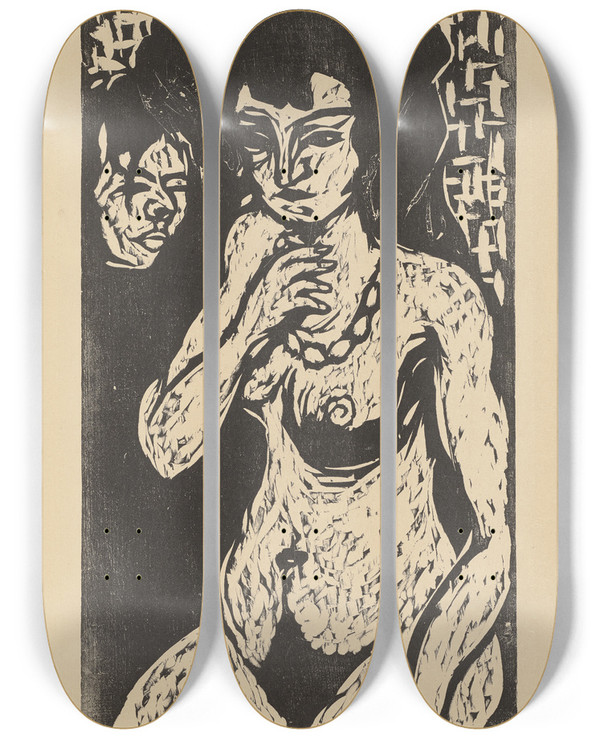 Triptych art skateboard deck of Ernst Ludwig Kirchner Mdchenakt Mit Selbstbildnis Nacktes Mdchen Mit Kette by Ernst Ludwig Kirchner (1880-1938)