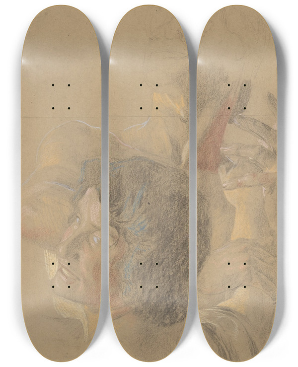 Triptych art skateboard deck of Otto Greiner A Male And A Female Figures Study For Golgotha by Otto Greiner (1869-1916)