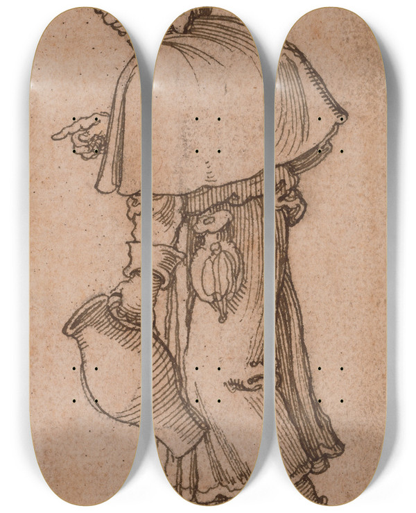 Triptych art skateboard deck of Sebald Beham A Peasant Woman Carrying A Jug by Sebald Beham (1500-1550)