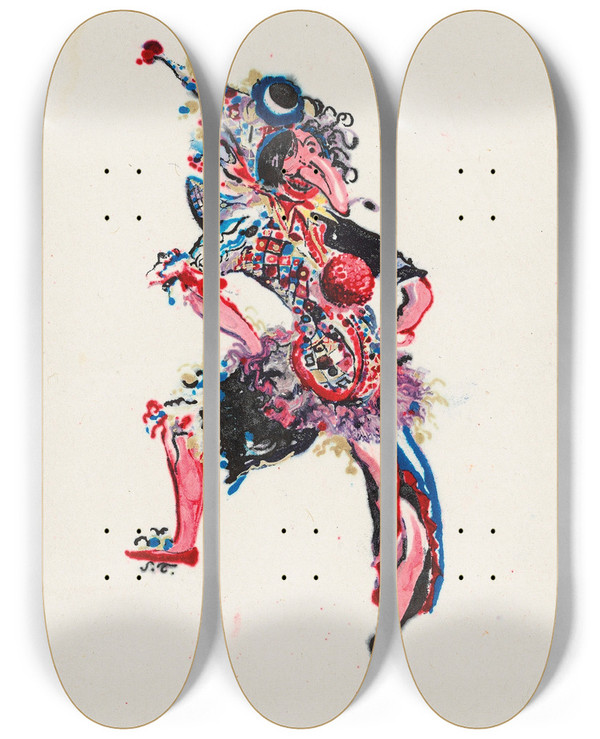 Triptych art skateboard deck of Sergey Chekhonin Costume Design For A Jester_3 by Sergey Chekhonin (1878-1936)
