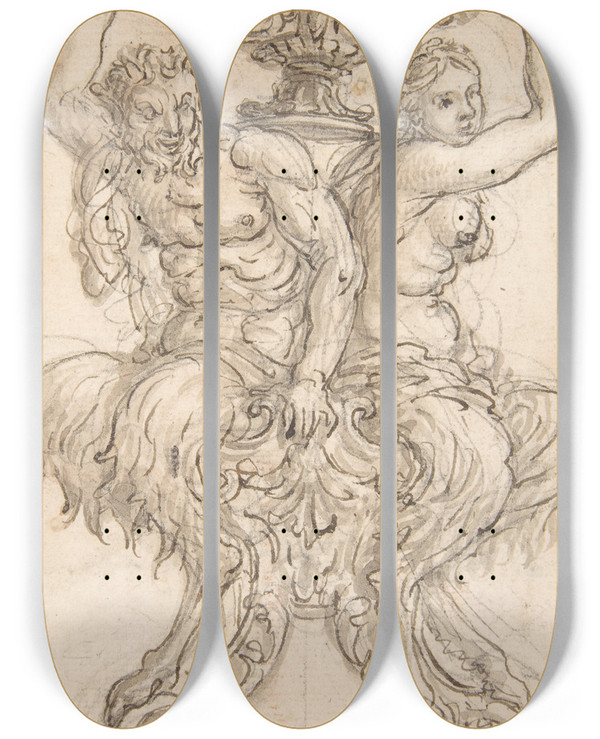 Triptych art skateboard deck of Giovanni Battista Foggini Satyr And Satyress Seated On A Pedestal Supporting A Vase by Giovanni Battista Foggini (1652-1725)