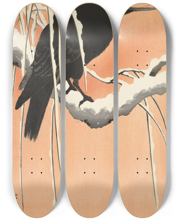 Triptych art skateboard deck of Ohara Koson Crow On Snowy Branch by Ohara Koson (1877-1945)