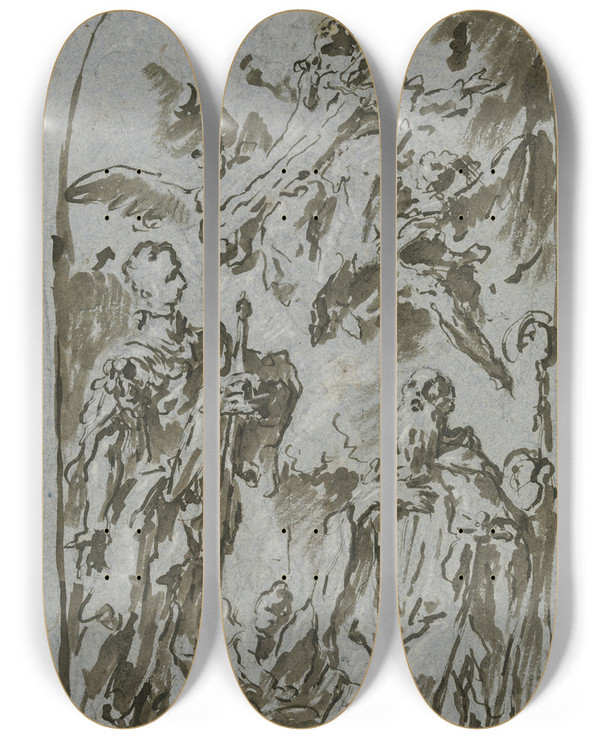 Triptych art skateboard deck of Gaspare Diziani Himmelfahrt Mariens Mit Zwei Heiligen by Gaspare Diziani (1689-1767)