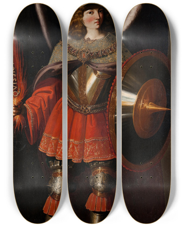 Triptych art skateboard deck of Francisco De Zurbarn The Archangel Michael by Francisco de Zurbarn (1598-1664)