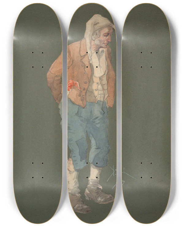 Triptych art skateboard deck of Pipein Gamba Vecchio Contadino by Pipein Gamba (1868-1954)