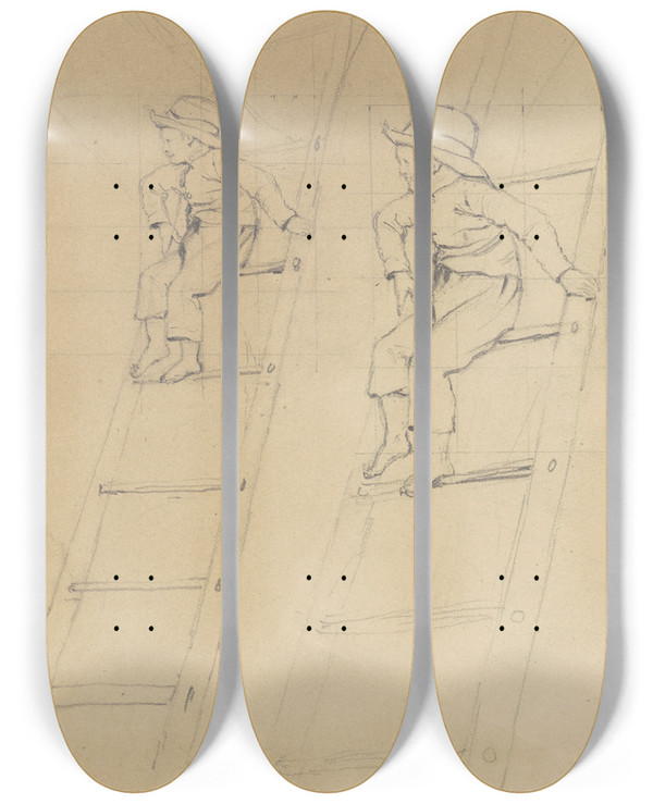Triptych art skateboard deck of James Goodwyn Clonney Studies Of A Boy On A Ladder by James Goodwyn Clonney (1812-1867)