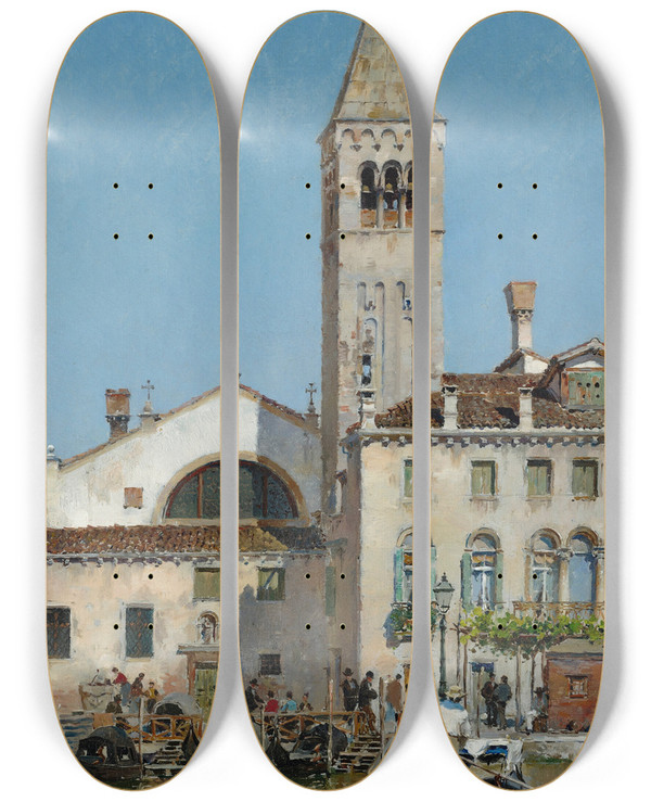 Triptych art skateboard deck of Federico Del Campo View Of Venice_1 by Federico del Campo (1837-1923)