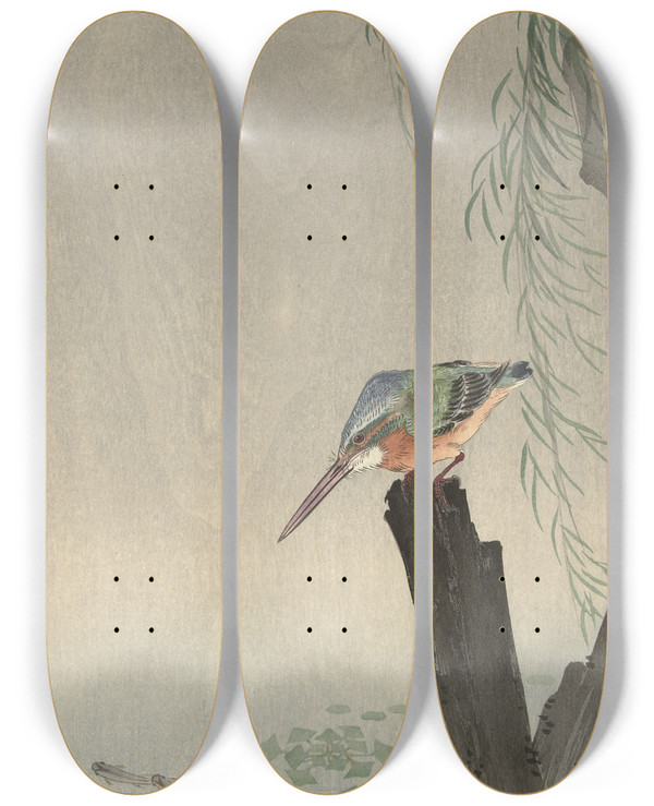 Triptych art skateboard deck of Ohara Koson Kingfisher On Tree Stump by Ohara Koson (1877-1945)