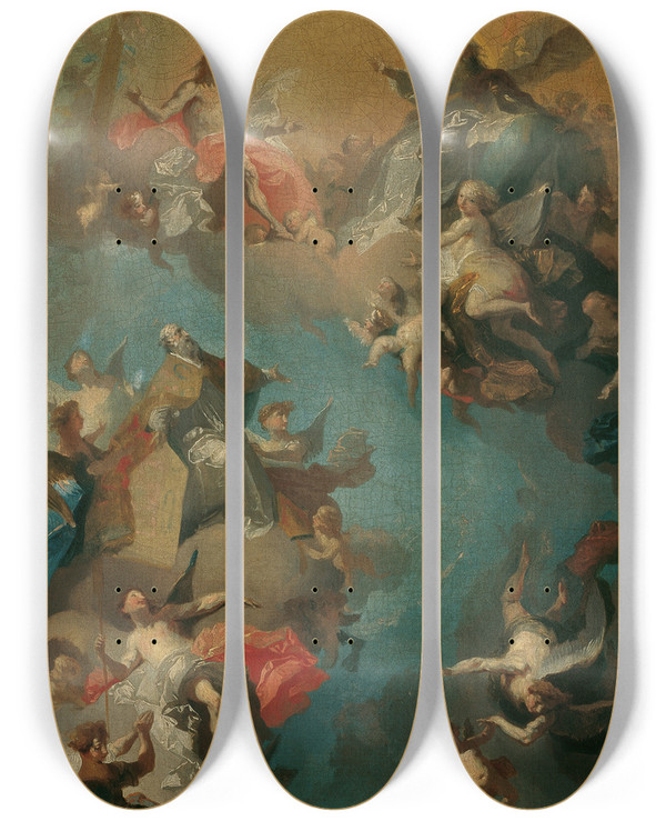 Triptych art skateboard deck of Franz Anton Maulbertsch Die Aufnahme Des Heiligen Augustinus In Den Himmel by Franz Anton Maulbertsch (1724-1796)